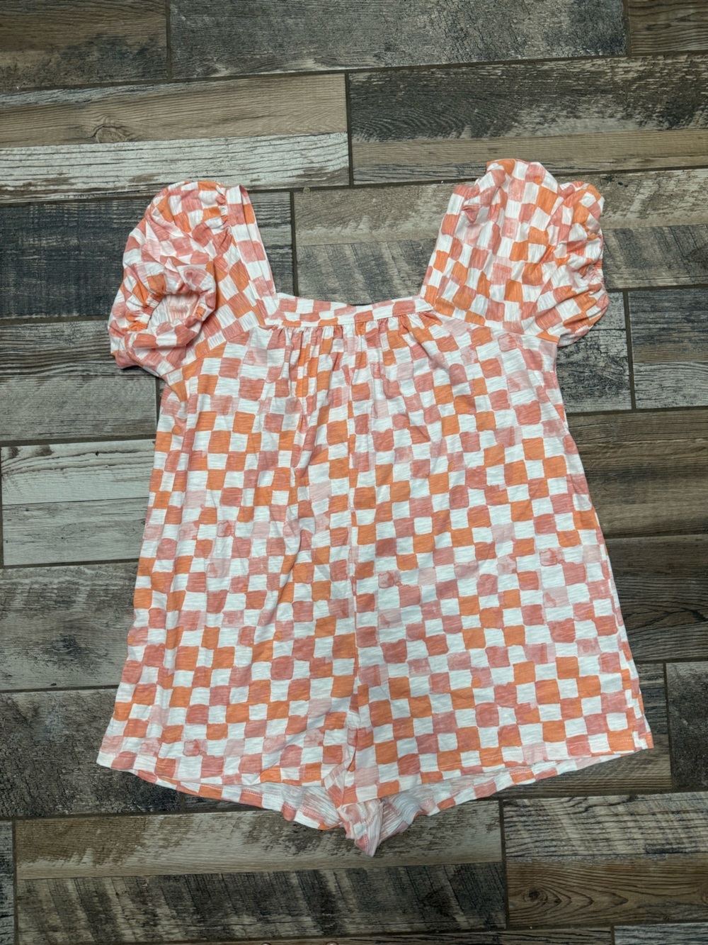 American Eagle Outfitters Orange and White Check Puff Sleeve Romper
